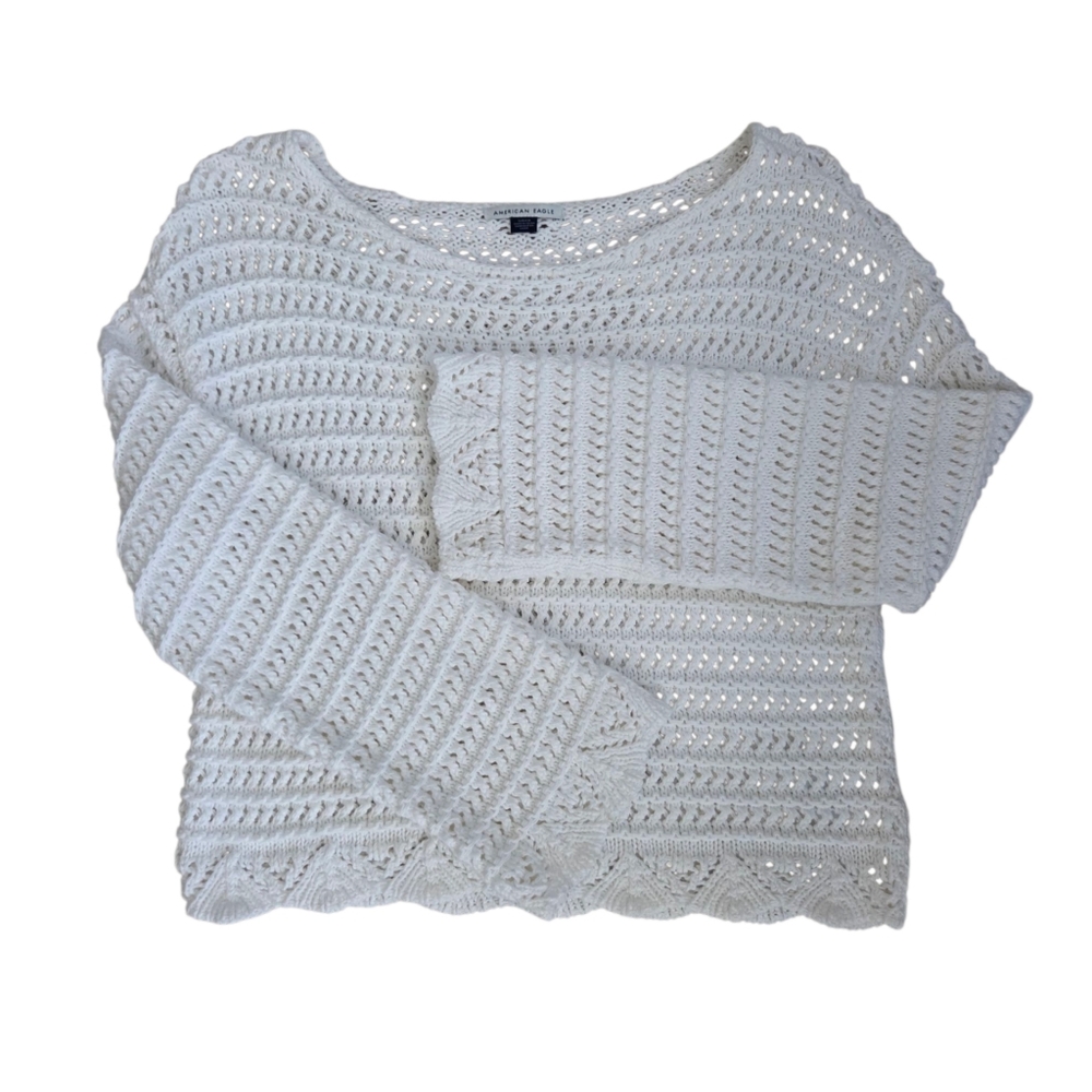 American Eagle Woman's Ballet Neck Open Knit Sweater White Size Small